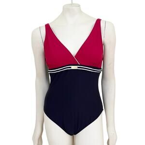 BALTEX One Piece Colorblock Swimsuit  Red White Blue  Gold buckle  Y2K  SZ 14
